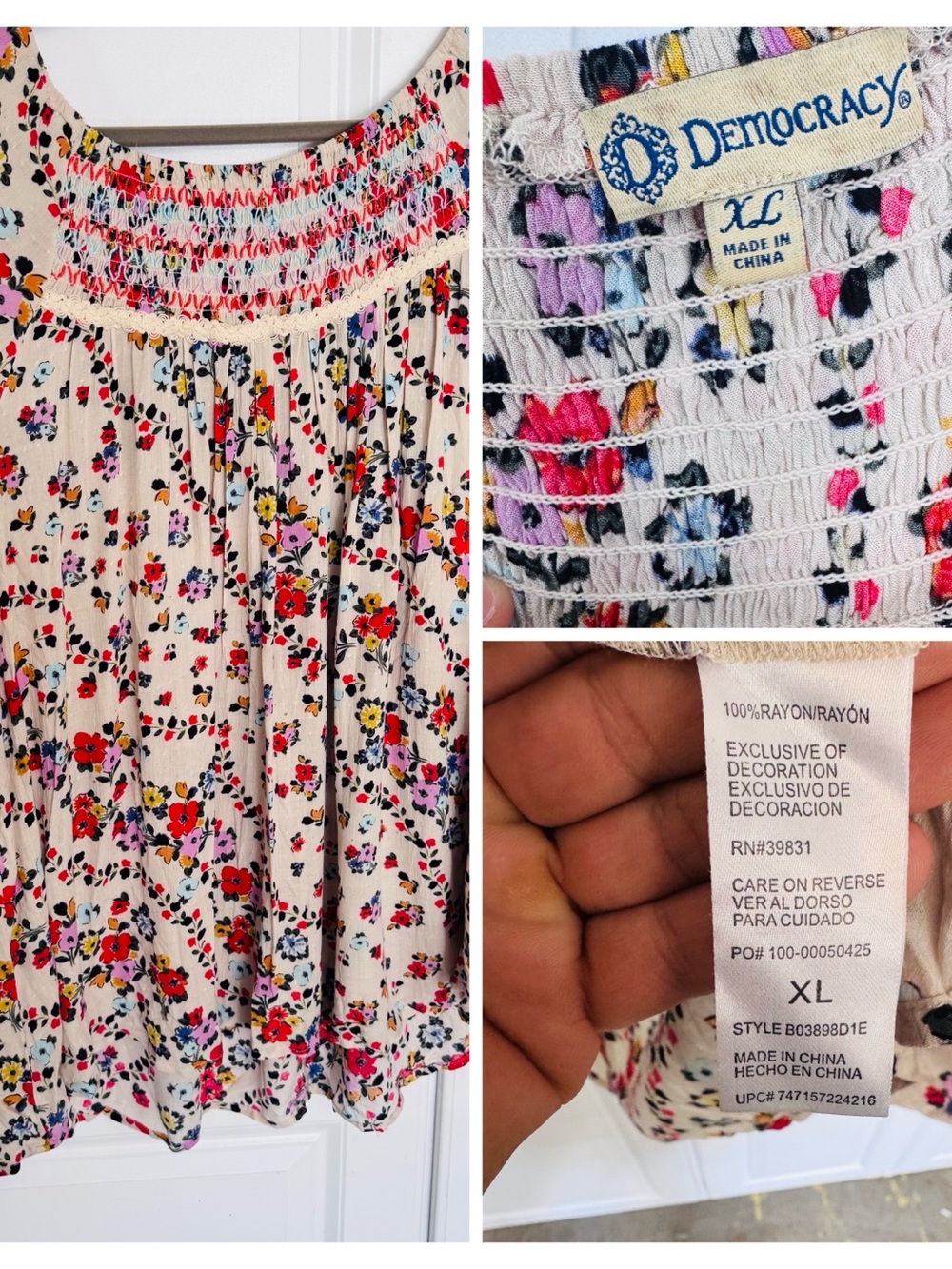 Democracy Cream Floral Smocked Neck Blouse